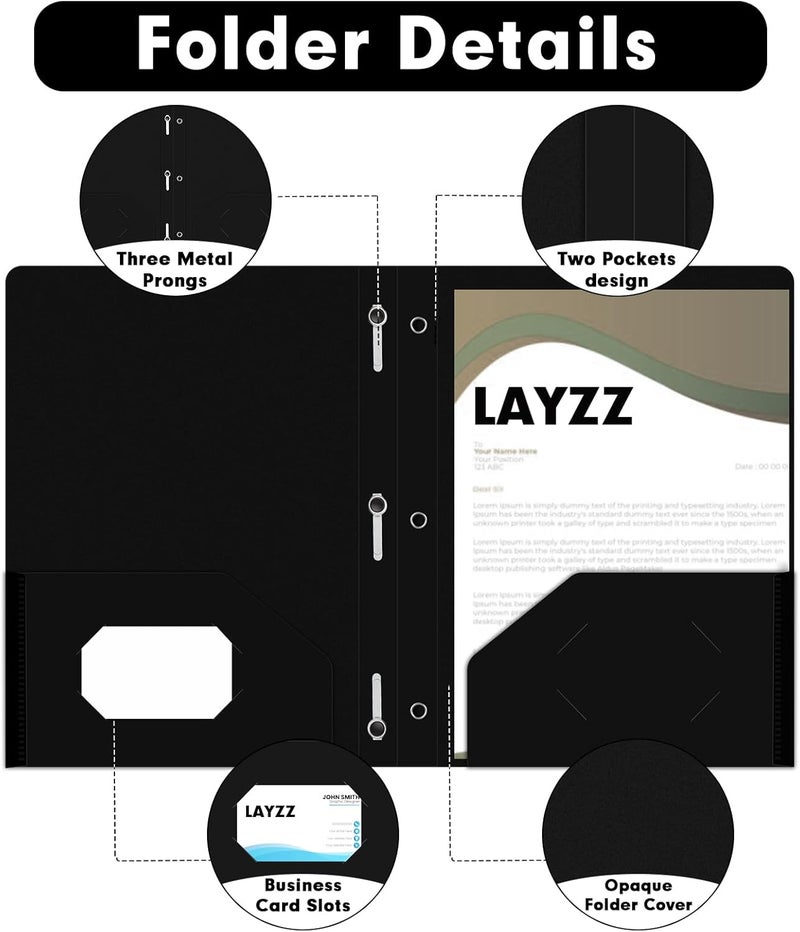 LAYZZ Plastic 2 Pocket Folders with Prongs, 30 Pack, Heavyweight, Letter Size Poly Folders with 3 Metal Prongs Fastener Clips (Black) - Image 3
